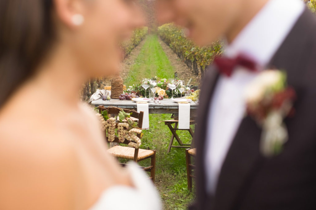 sposi che si guardano sorridendo e sullo sfondo il tavolo sposi in mezzo ai filari della vigna