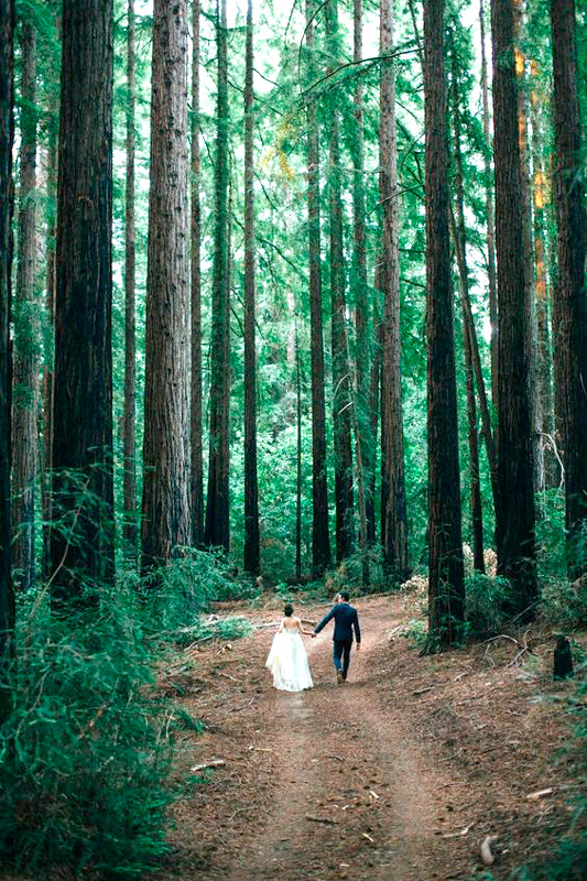 sposi nel bosco che camminano lungo il sentiero